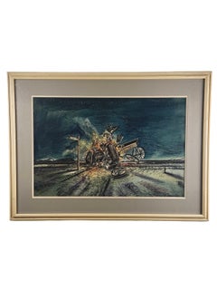 William H. Ferguson Signed Surrealist Horse and Carriage Crash Framed Mixed