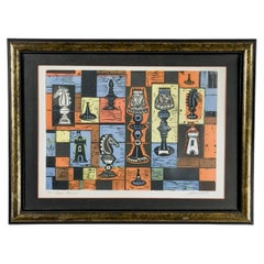 Irving Amen „Chess Board“ – signierter Farbholzschnitt im Mid-Century-Modern-Stil
