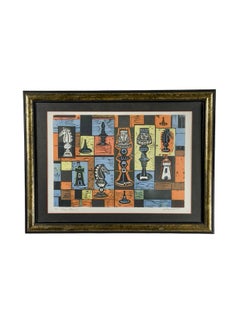 Irving Amen „Chess Board“ – signierter Farbholzschnitt im Mid-Century-Modern-Stil