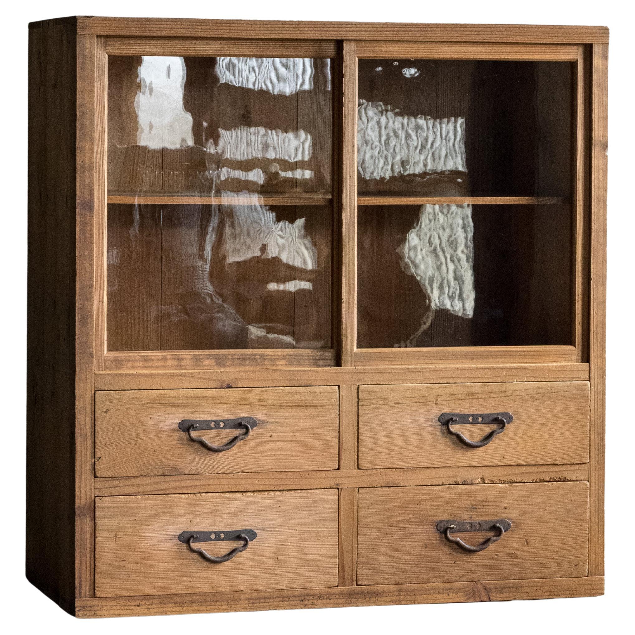 Japanese Antique Glass Showcase Cabinet, Taisho Era (1912–1926), Cedar Wood