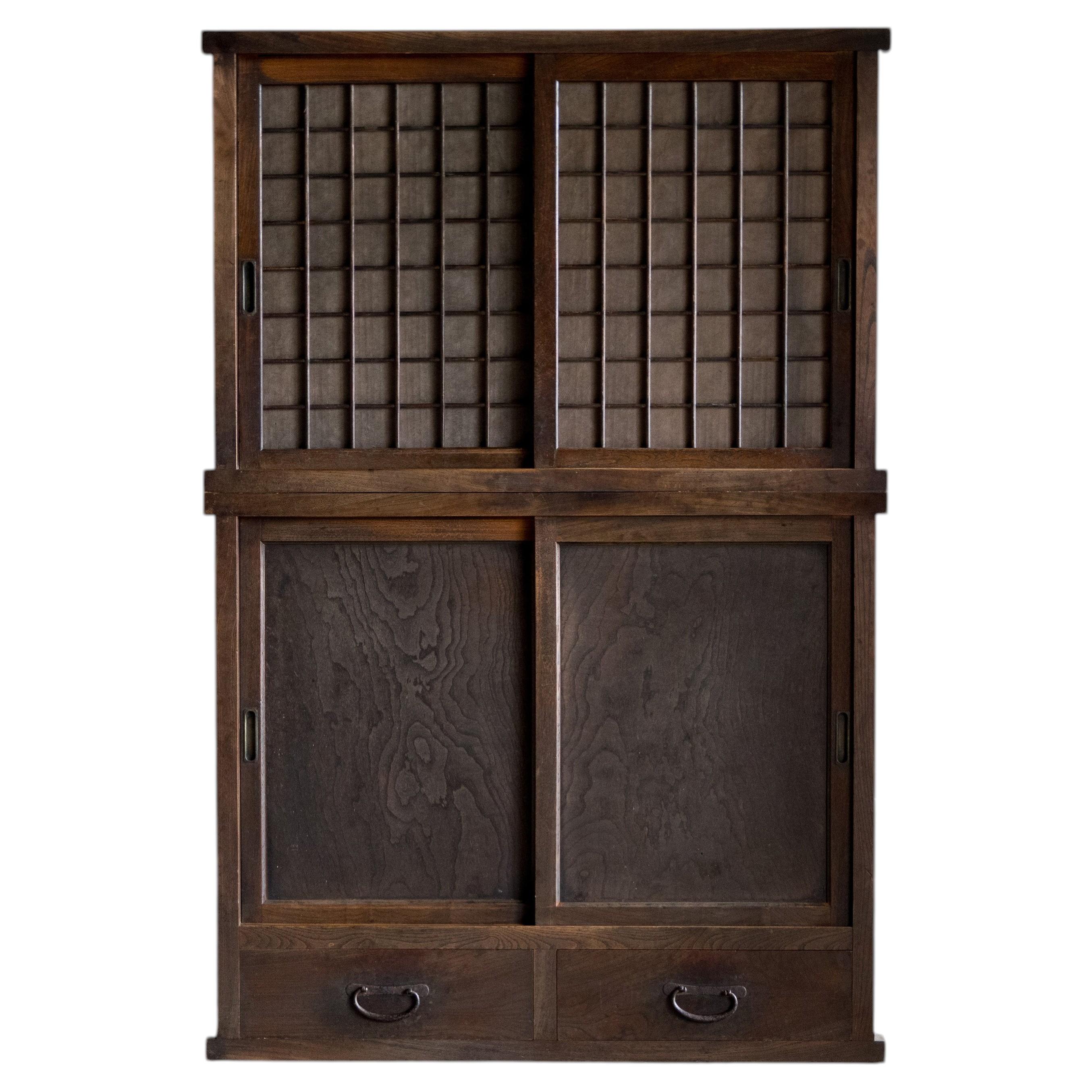 Japanese Antique Keyaki Stacking Cabinet with Washi Panels, Taisho Era 1912–1926
