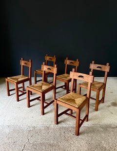 Brutalist Rustic Design Oak & Rush Dining Chair Set, Belgium 1960's