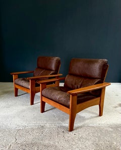 1960's Midcentury Modern Design Leather Teak Lounge Chair set 2