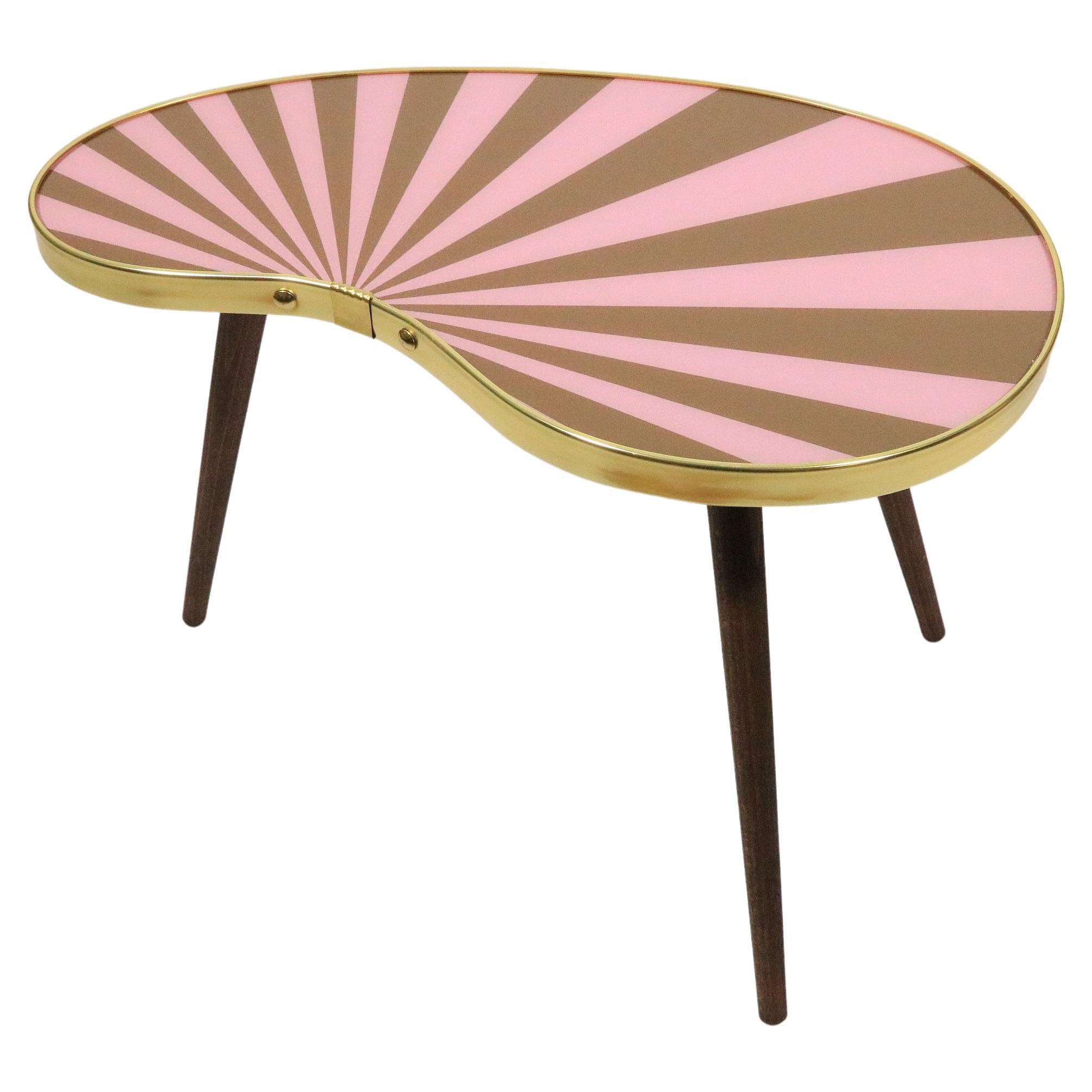 Small Side Table, Kidney Shaped, Pink-Taupe Stripes, 3 Elegant Legs, 50s Style