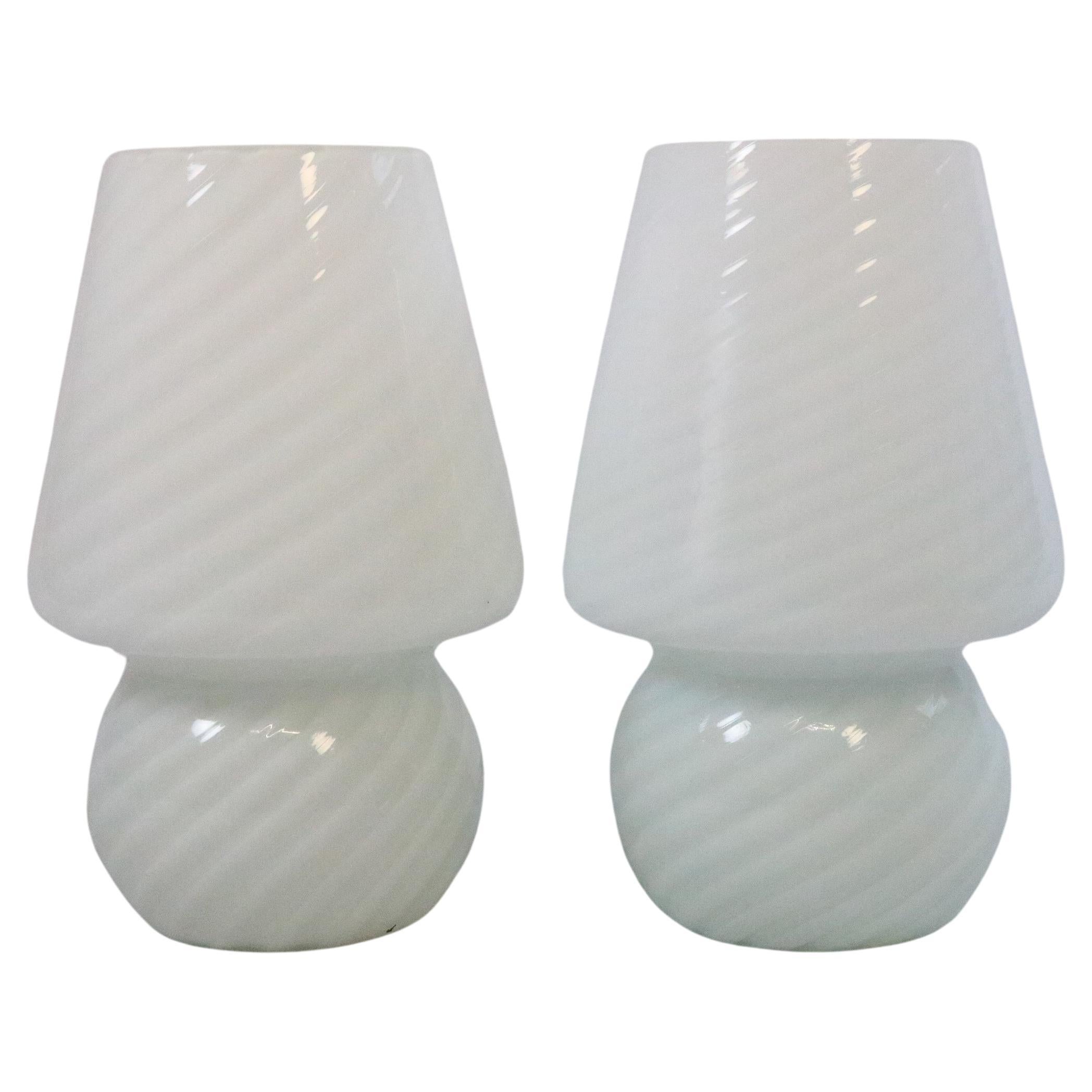 Set of 2 Small Murano Swirl Glass Table Lamps, Mushroom Style, Original 1980s For Sale