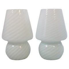 Retro Set of 2 Small Murano Swirl Glass Table Lamps, Mushroom Style, Original 1980s