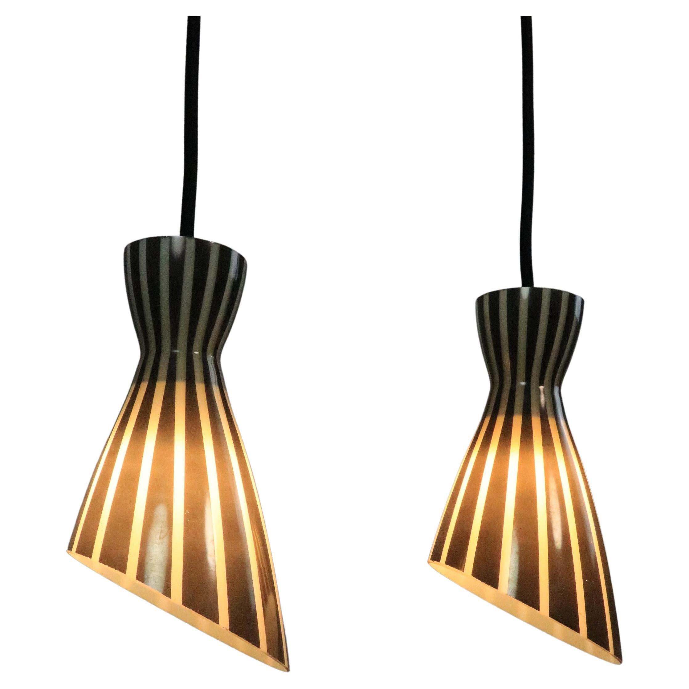 Set of 2 Glass Hanging Lamps, Black and White Striped, Original 1950s For Sale