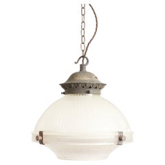 Large 12" Antique Holophane Prismatic Glass Church Kitchen Brass Pendant Light