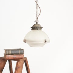 Large 12" Antique Holophane Prismatic Glass Church Kitchen Brass Pendant Light