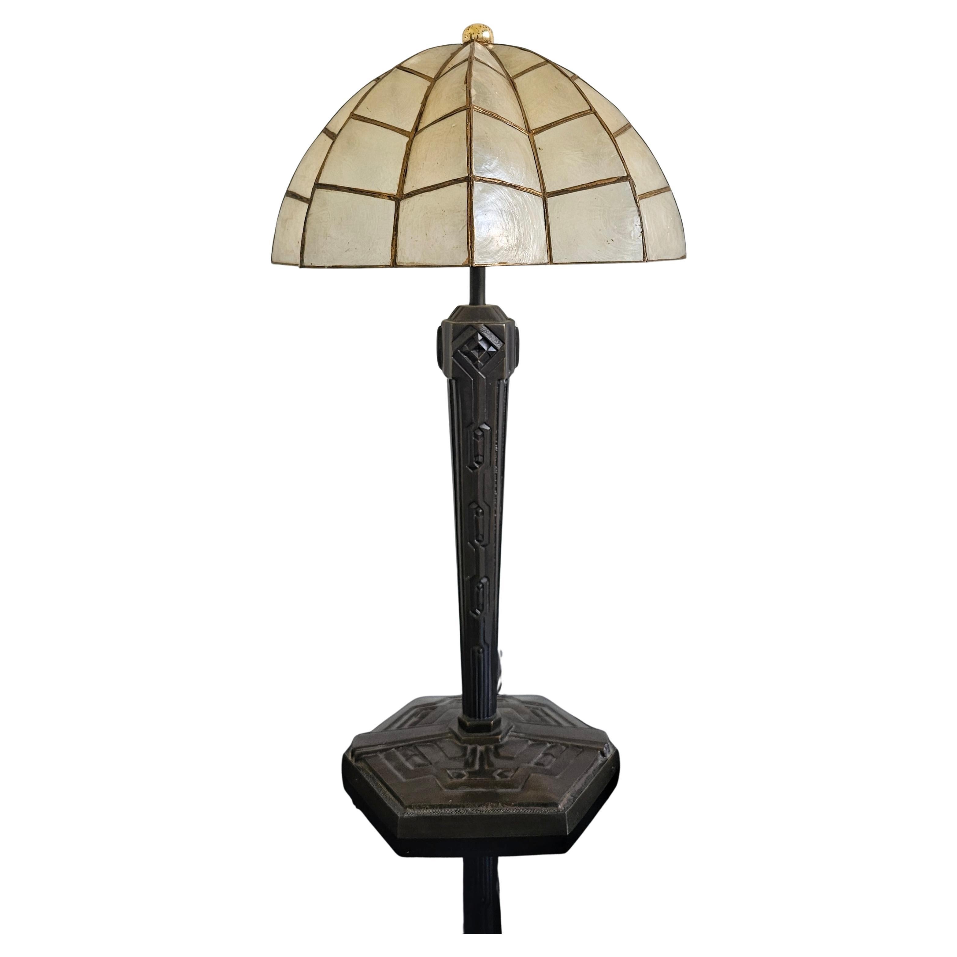 Late Art Deco Bronze Table Lamp with Capiz Shell Shade, Austria 1950s