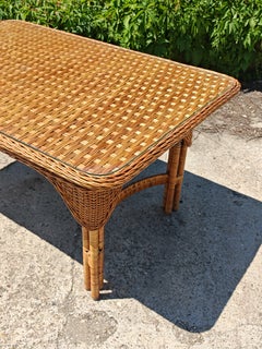 French Riviera Dining Table in hand-woven wicker, France 1970s