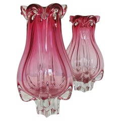 Pair of Mid Century Pink Glass Vases shaped as flower buds by Josef Hospodka