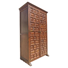Castillan Revival or Brutalist Geometric Cabinet in cherry wood, Spain 1950s