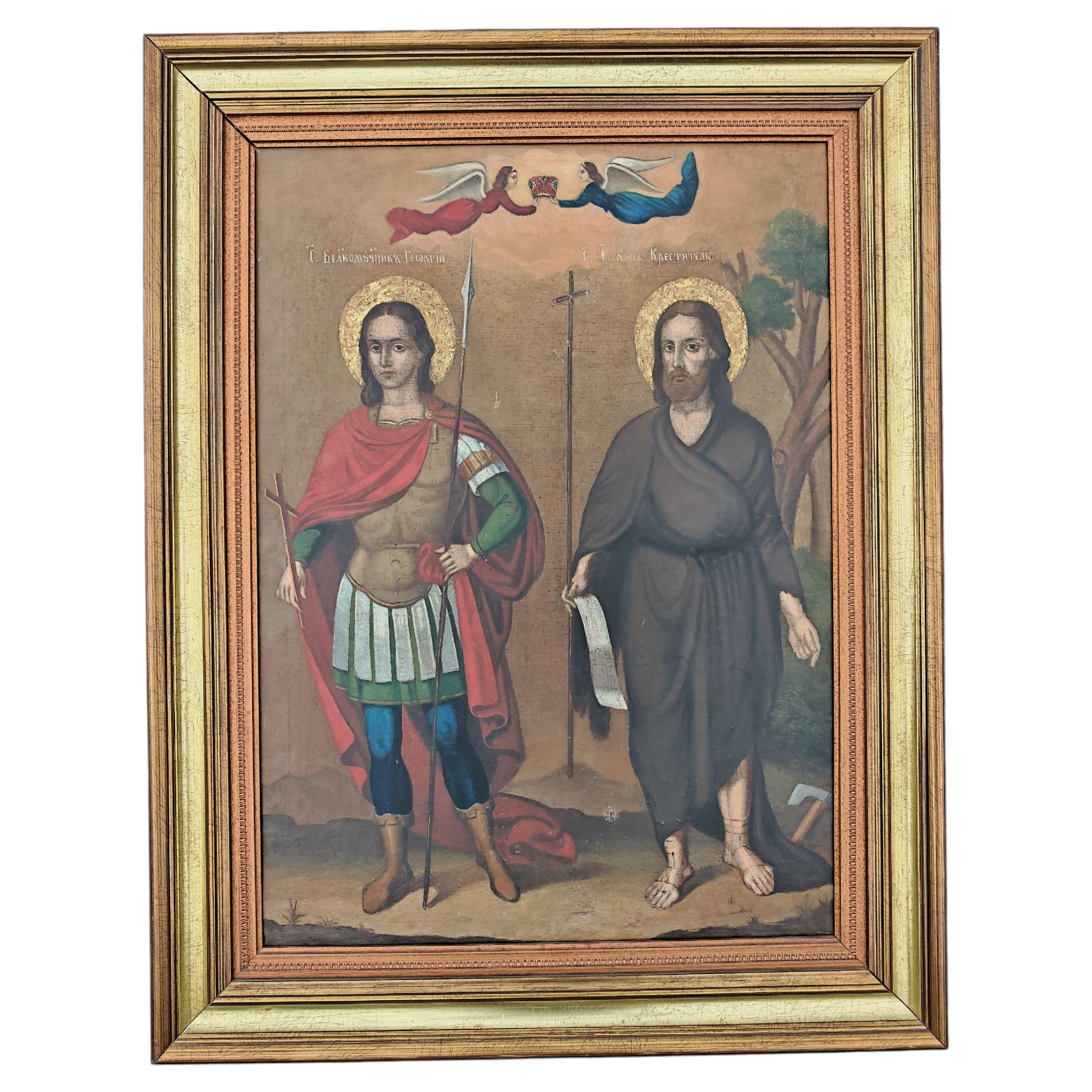Antique Orthodox Icon depicting St. George and St. John the Baptist, The Balkans For Sale