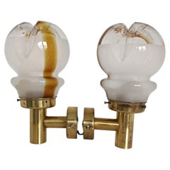 Pair of Mid Century Modern Brass Sconces with Murano glass shade by AV Mazzega