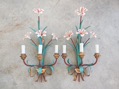 Extra Large Hollywood Regency Tole Sconces with Lilly Flowers, Italy 1960s