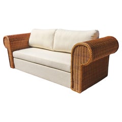 Italian Sculptural Willow Wicker Sofa with Bouclé Upholstery, 1970s