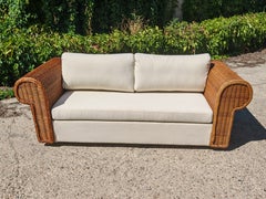 Italian Sculptural Willow Wicker Sofa with Bouclé Upholstery, 1970s