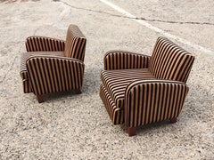 Pair of French Art Deco Armchairs in Striped Plush and Mahogany, circa 1940