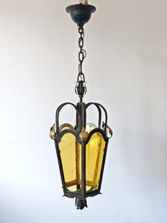 Italian Art Nouveau / Liberty Style Wrought-Iron and Amber Glass Lantern, 1920s