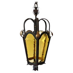 Italian Art Nouveau / Liberty Style Wrought-Iron and Amber Glass Lantern, 1920s