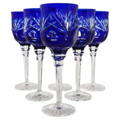 Set of Six Cobalt Blue Bohemian Cut Crystal Wine Glasses, Czechoslovakia 1970s