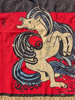 Yugoslav Modernist Woven Tapestry with Horses and Sun attr. to Olivera Galovic