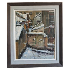 Paesaggio urbano modernista, olio su tela, città sotto la neve, Jugoslavia, anni ’40