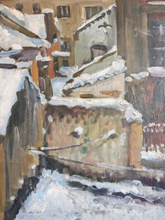 Modernistisches Stadtbild, Öl auf Leinwand, Stadt im Schnee, Jugoslawien, 1940er Jahre