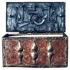 Antique 16th century Venetian Painted Gold Gilt Iron Strongbox with Original Key