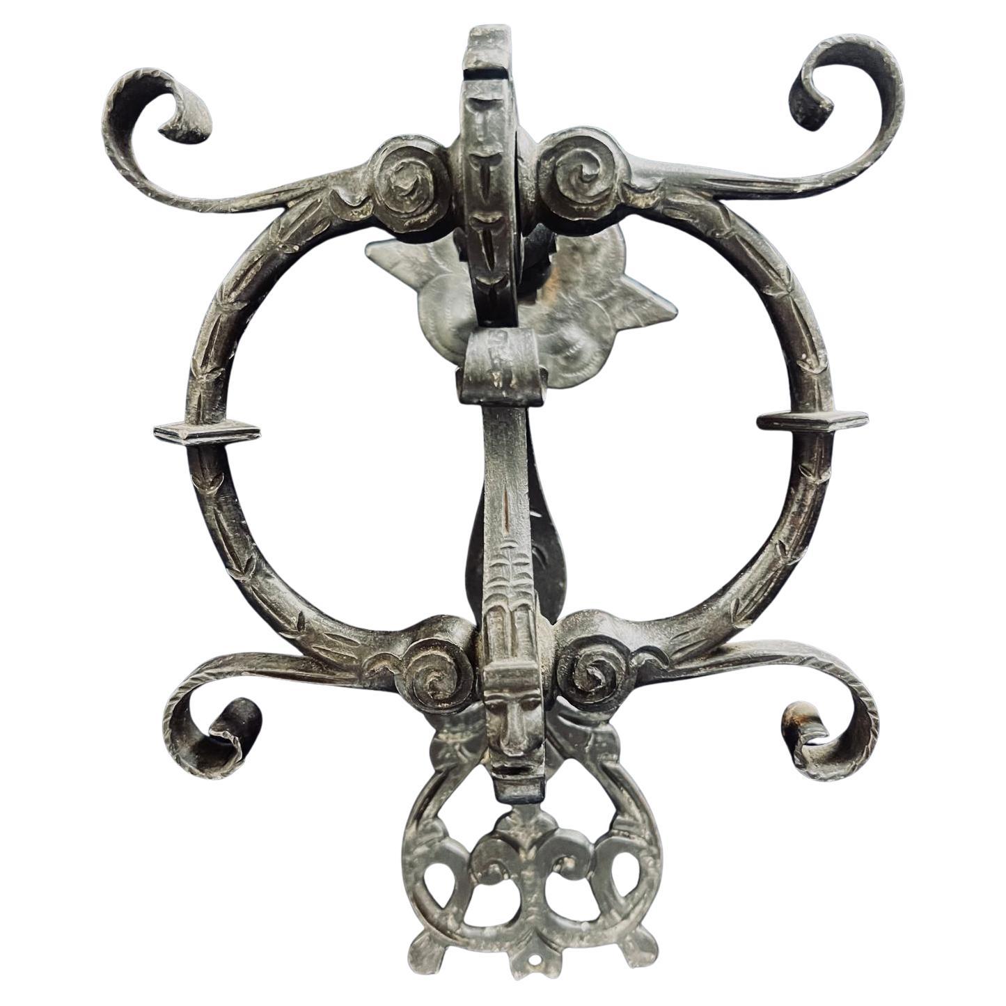 Antique Medieval 16th Century Wrought Iron Door Knocker with Scrollwork For Sale