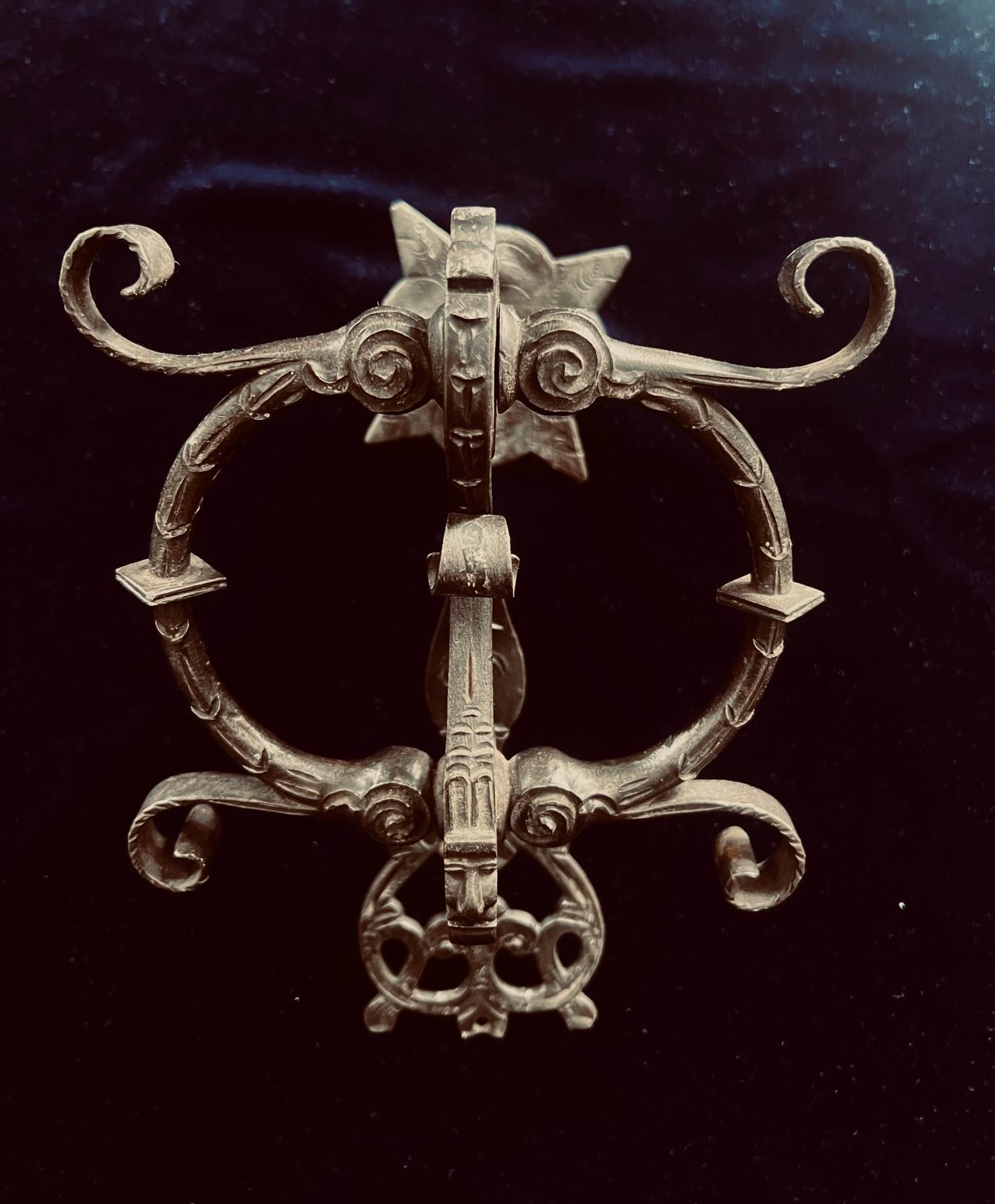 18th Century and Earlier Antique Medieval 16th Century Wrought Iron Door Knocker with Scrollwork For Sale