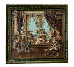 Rare Monumental Polychrome Relief Kachelofen Tile, Renaissance Court & Hunt