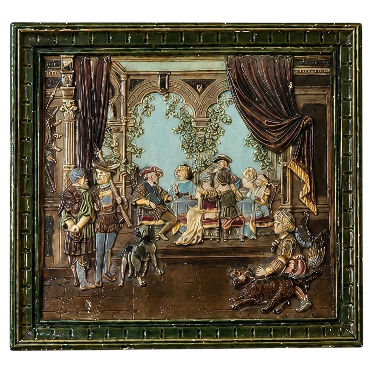 Rare Monumental Polychrome Relief Kachelofen Tile, Renaissance Court & Hunt For Sale