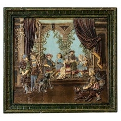 Rare Monumental Polychrome Relief Kachelofen Tile, Renaissance Court & Hunt