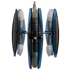 1970s Gorgeous Blue and Smoked Glass Pendant Lamp by Veca. Made in Italy
