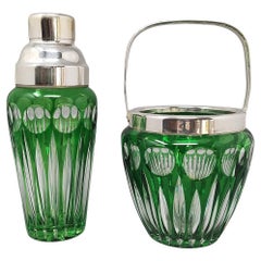 1960 Gorgeous Green Bohemian Cut Crystal Cocktail Shaker With Ice Bucket.