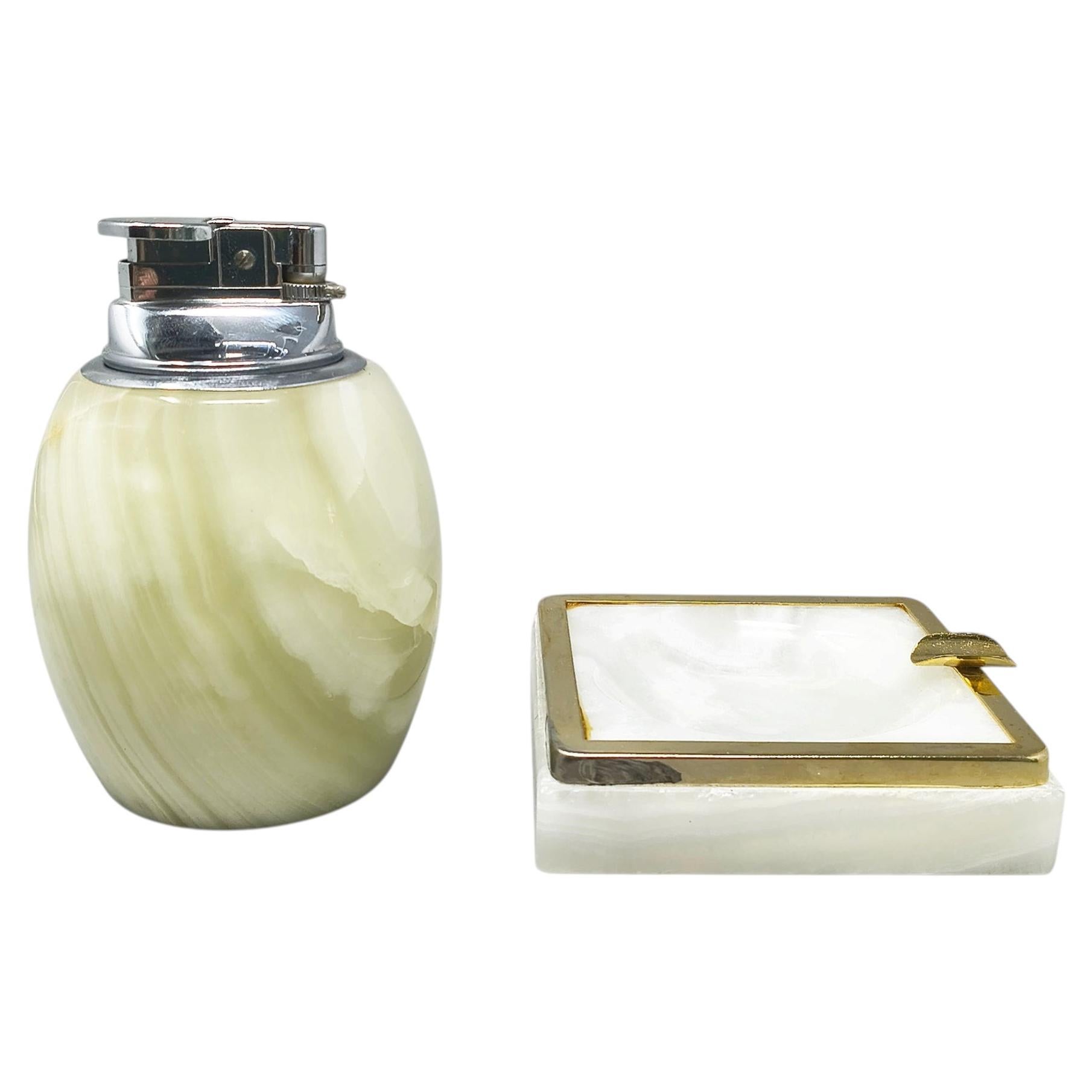 1960s Mid-Century Modern Italian Onyx Smoking Set with Table Lighter & Ashtray