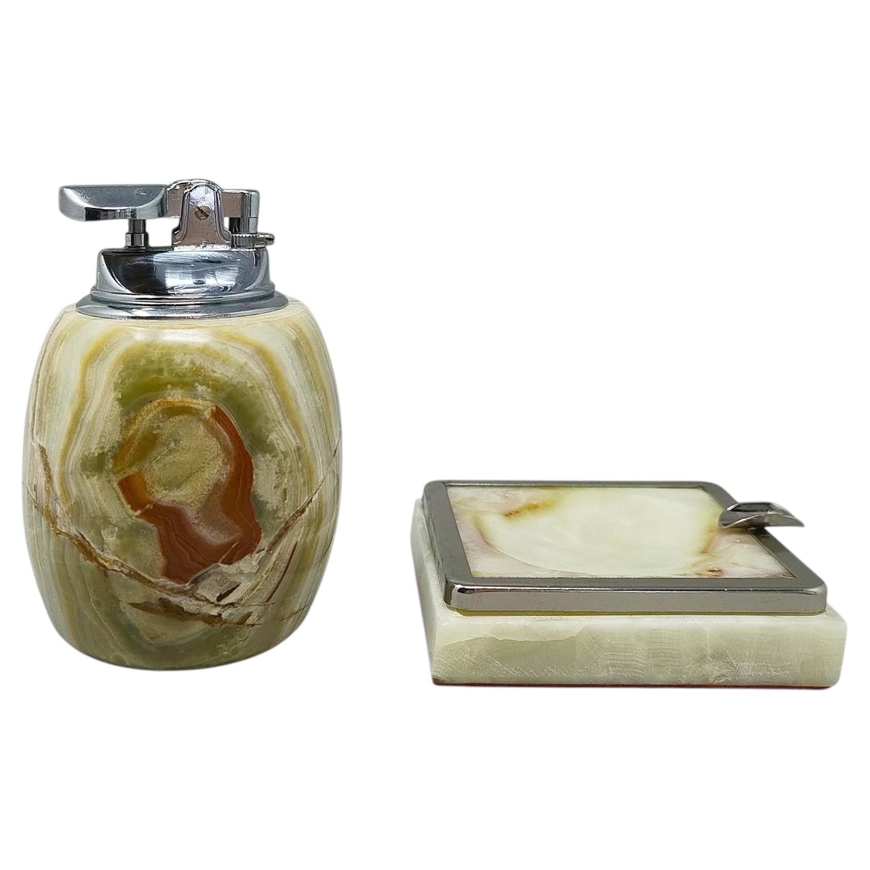 1960s Mid-Century Modern Italian Onyx Smoking Set with Table Lighter & Ashtray