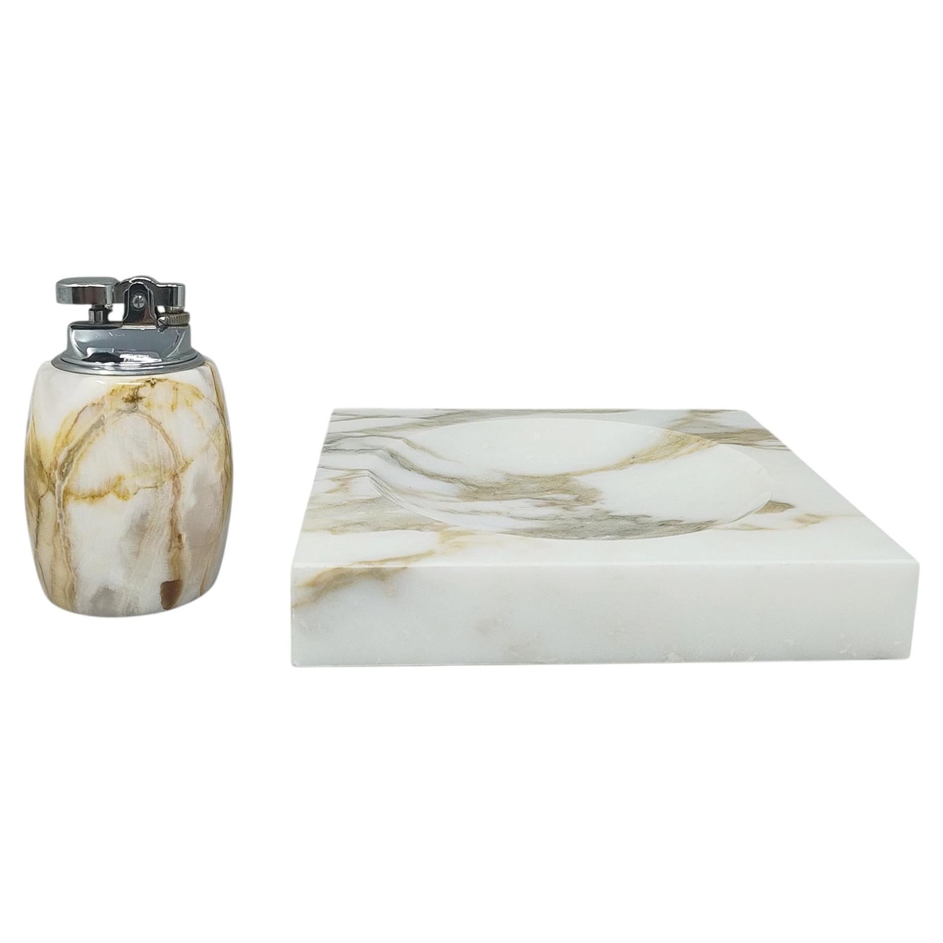 1960s Mid-Century Modern Italian Onyx Smoking Set with Table Lighter & Ashtray For Sale