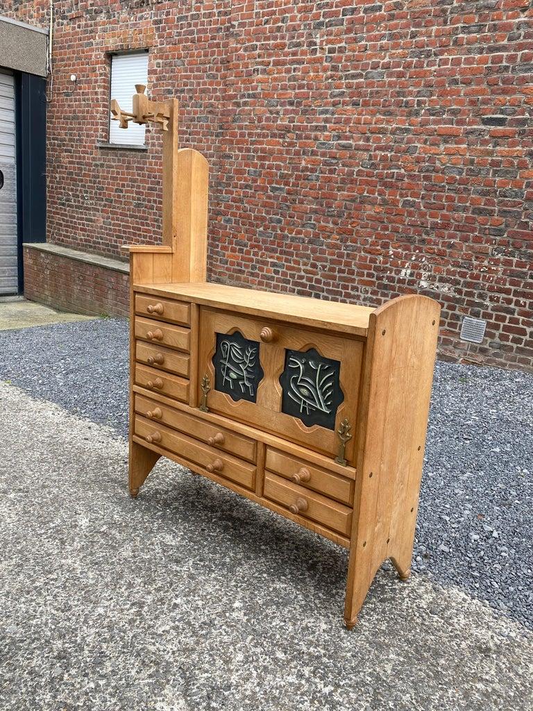 Guillerme and Chambron, oak buffet and rares ceramic tiles by Boleslav Danikowski, 