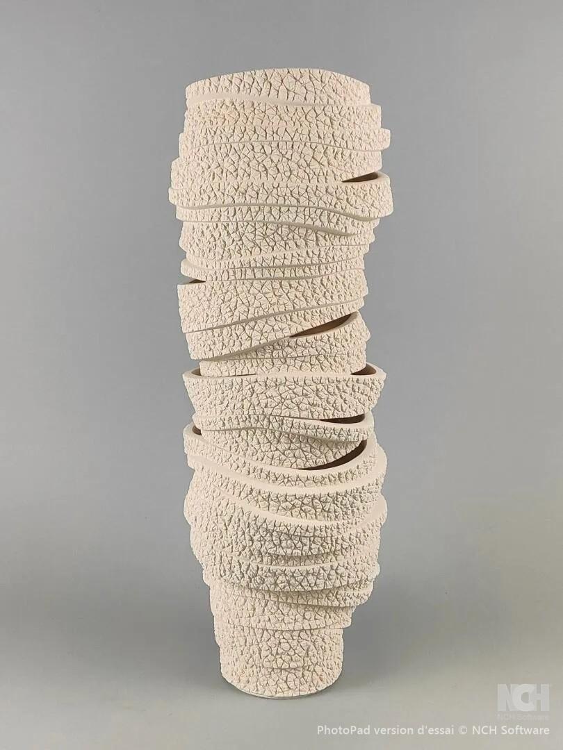 Organic Modern Gilles CAFFIER (1963) large tubular vase in textured ceramic, signed and dated For Sale