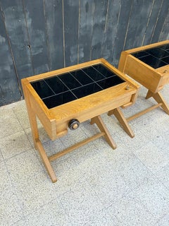 Two oak and tiles nightstands Guillerme et Chambron Edition votre Maison, circa