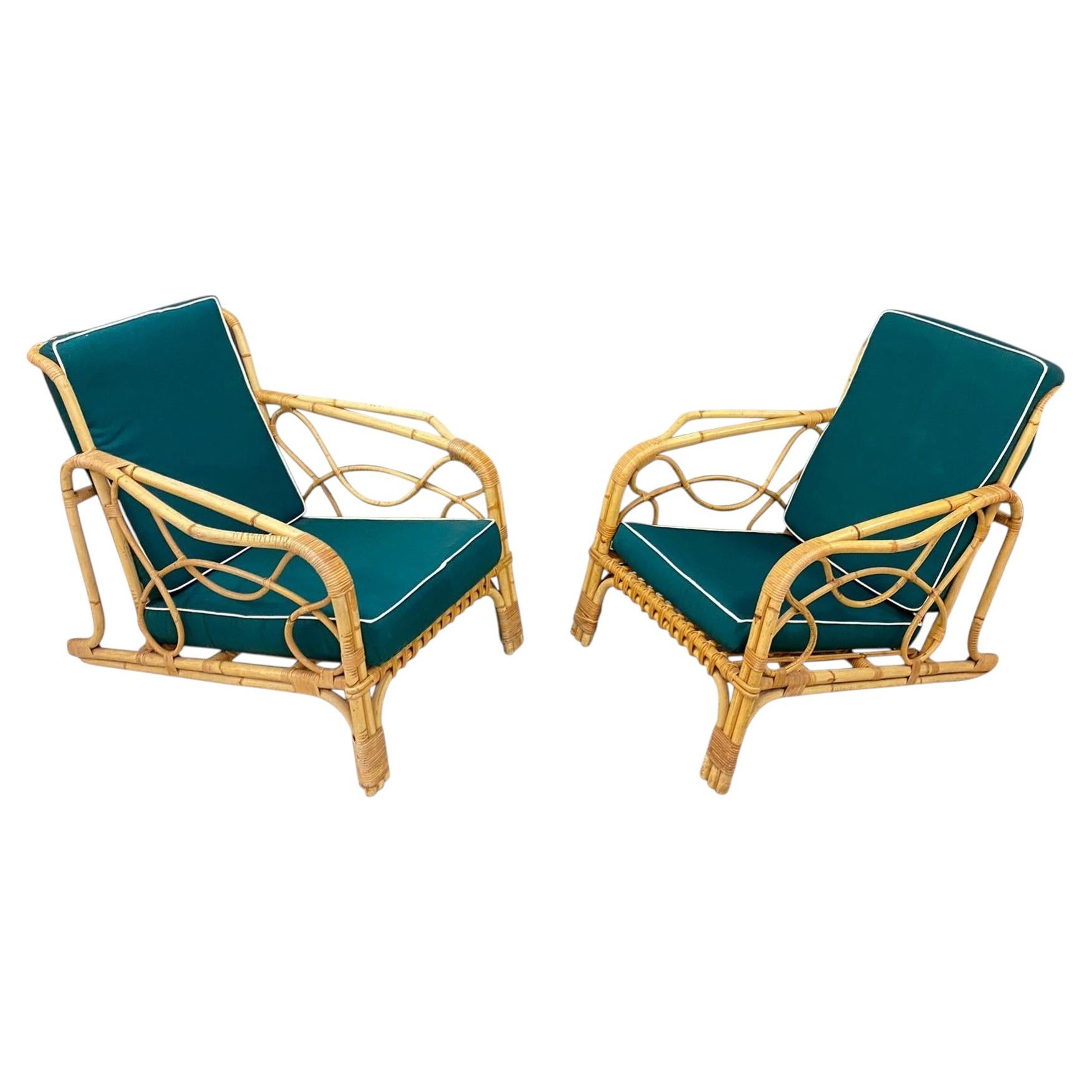 2 Fauteuils en bambou et rotin et leurs coussins, vers 1970 For Sale