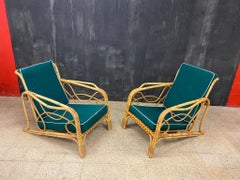 2 Fauteuils en bambou et rotin et leurs coussins, vers 1970