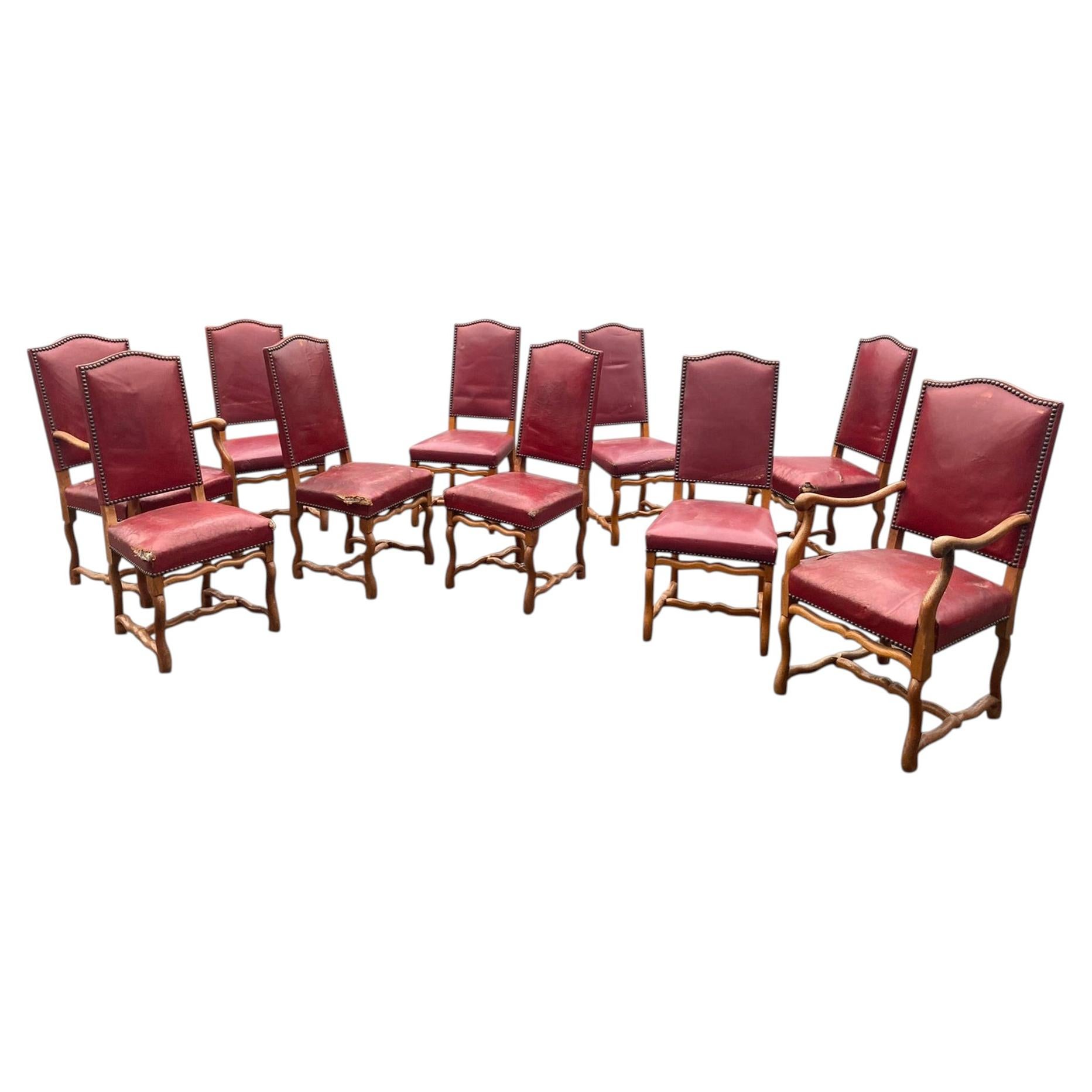 Lot de 10 chaises de salle à manger anciennes de style Louis XIII « Os de Mouton » en vente