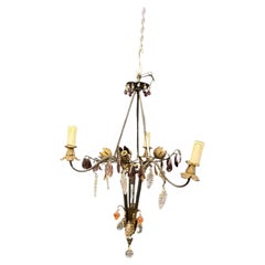 French chandelier in wrought iron, crystal and glass style of Maison Baguès