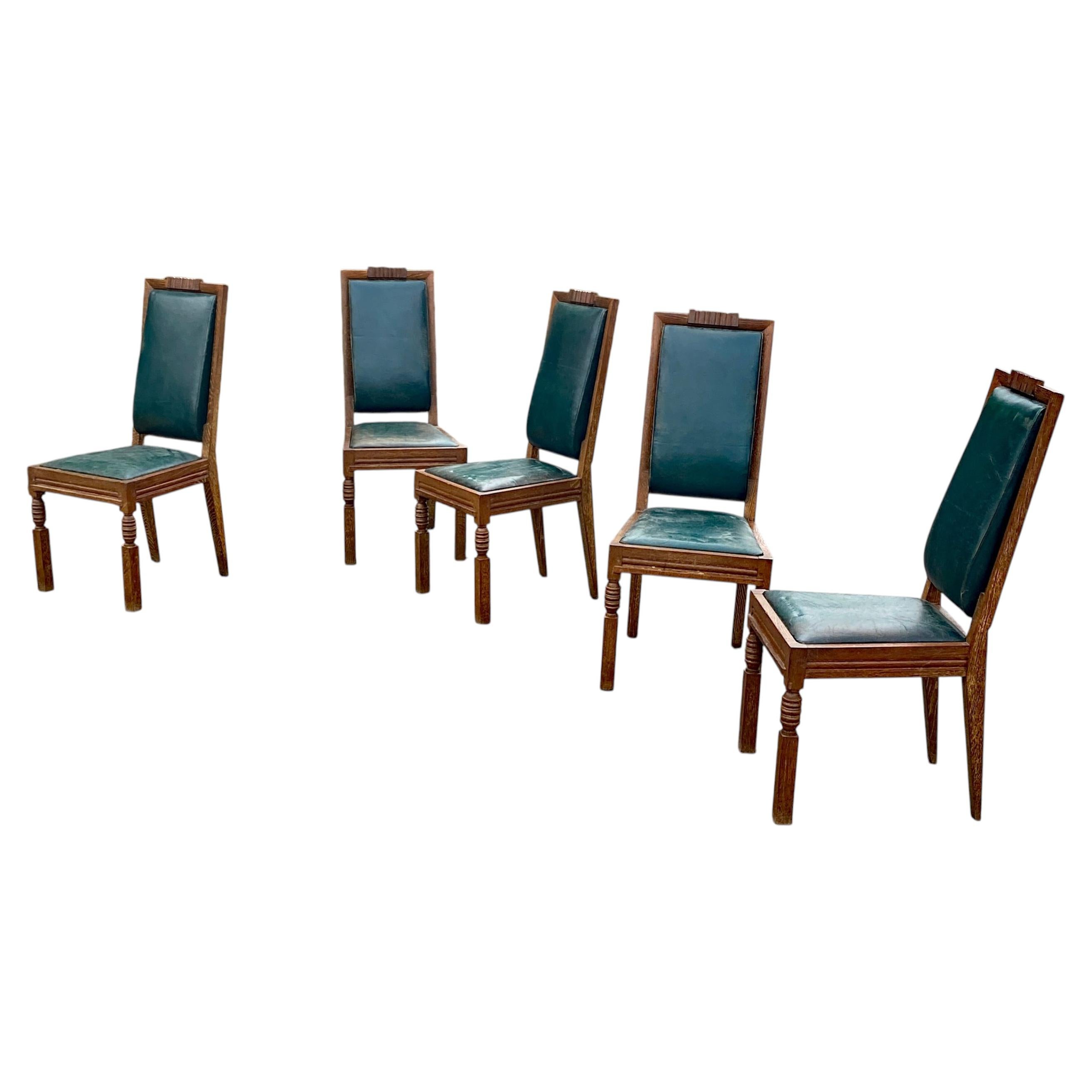 Charles Dudouyt, 5 art deco Oak Chairs, circa 1940 For Sale