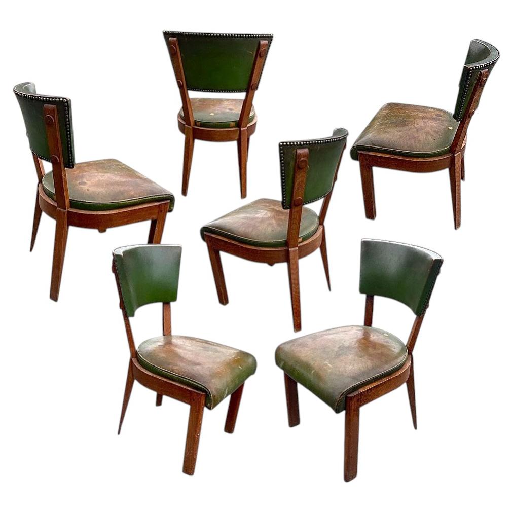 Charles Dudouyt, Set of 6 Oak Chairs, circa 1940 For Sale