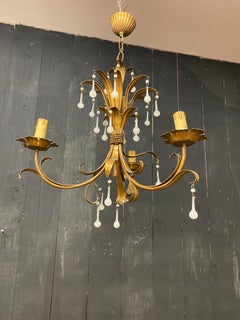 Charming Chandelier in Gilded Iron, Opaline Pendants, circa 1950